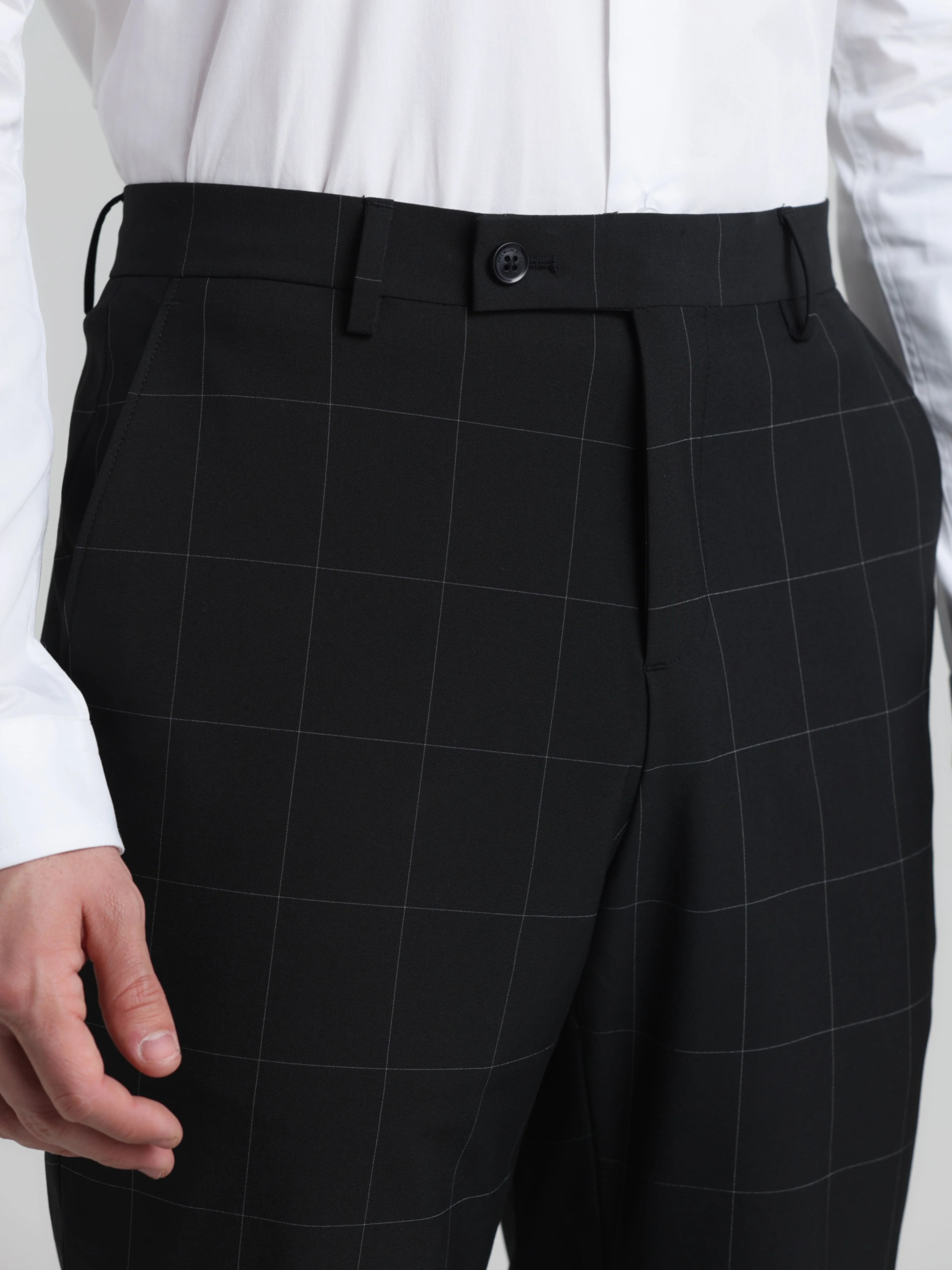Black Mid Rise Check Slim Fit Trousers - Image 4