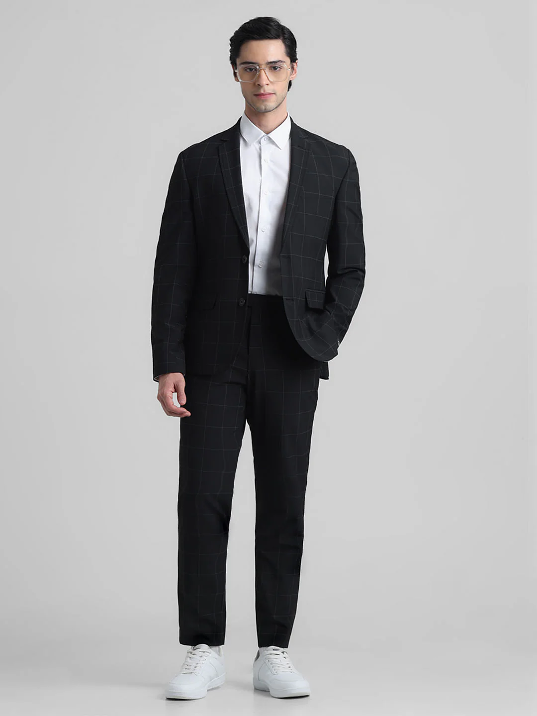 Black Mid Rise Check Slim Fit Trousers - Image 5
