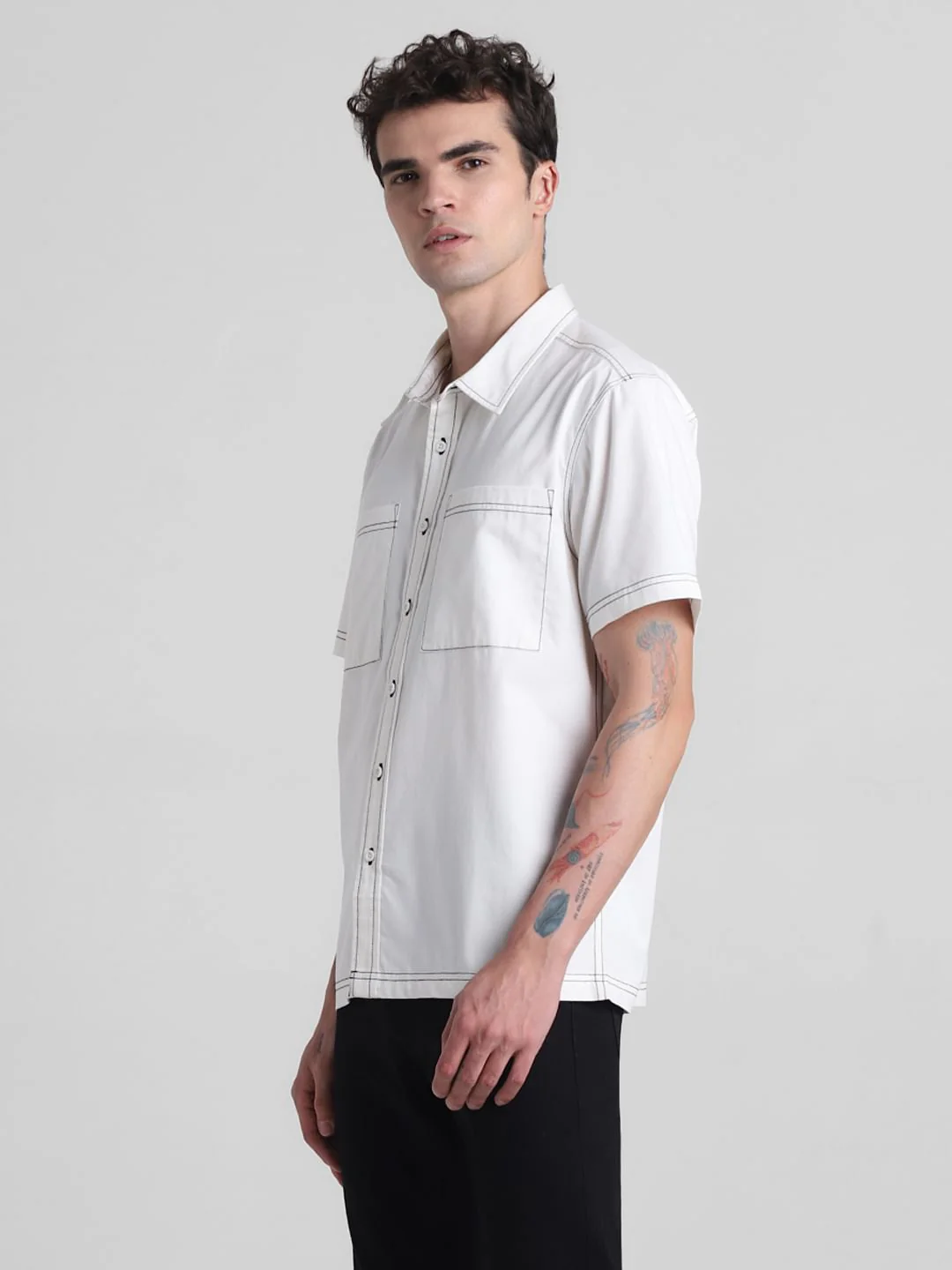 Beige Contrast Stitch Short Sleeves Shirt - Image 3