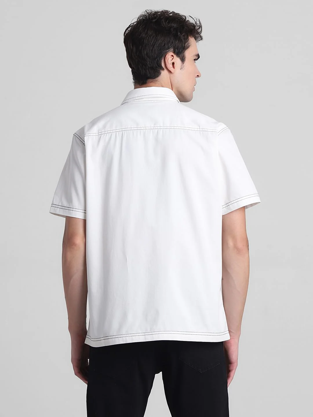 Beige Contrast Stitch Short Sleeves Shirt - Image 4