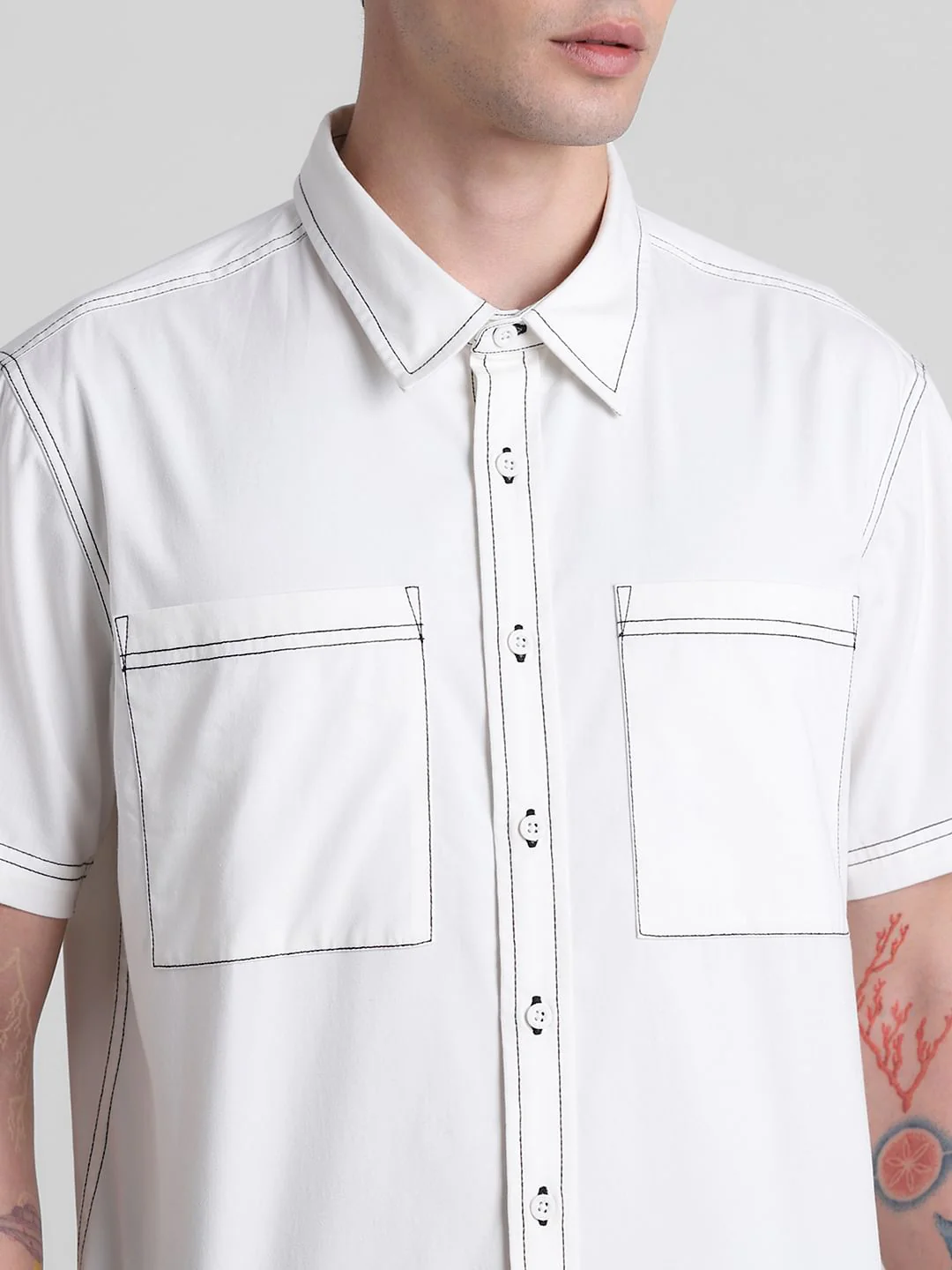 Beige Contrast Stitch Short Sleeves Shirt - Image 5