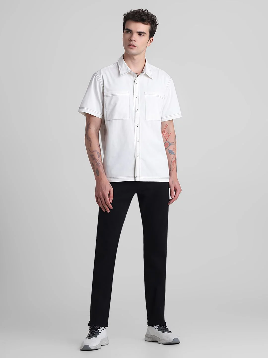 Beige Contrast Stitch Short Sleeves Shirt - Image 6